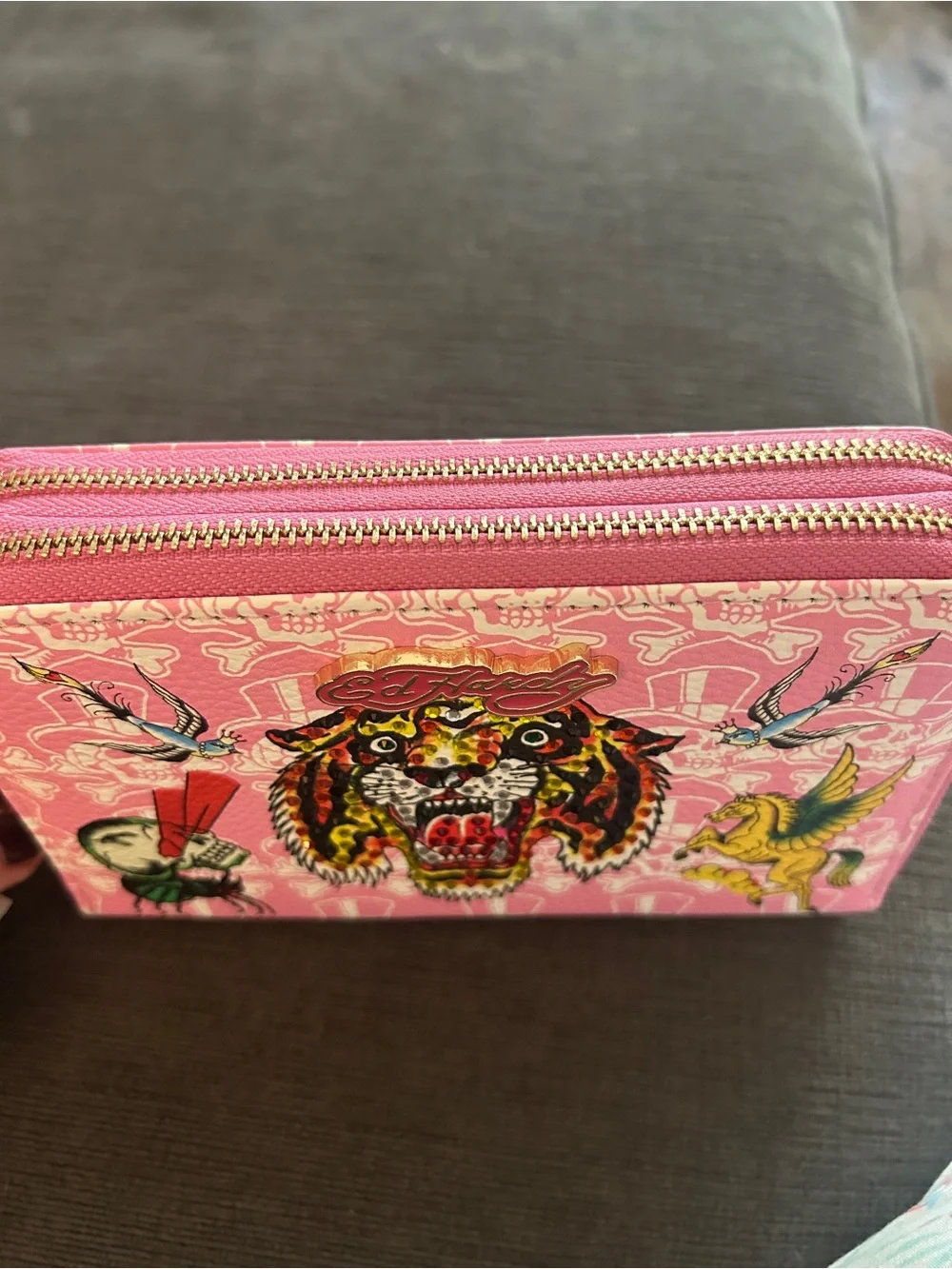 Ed Hardy pink double zip wristlet wallet with rhinestone accents